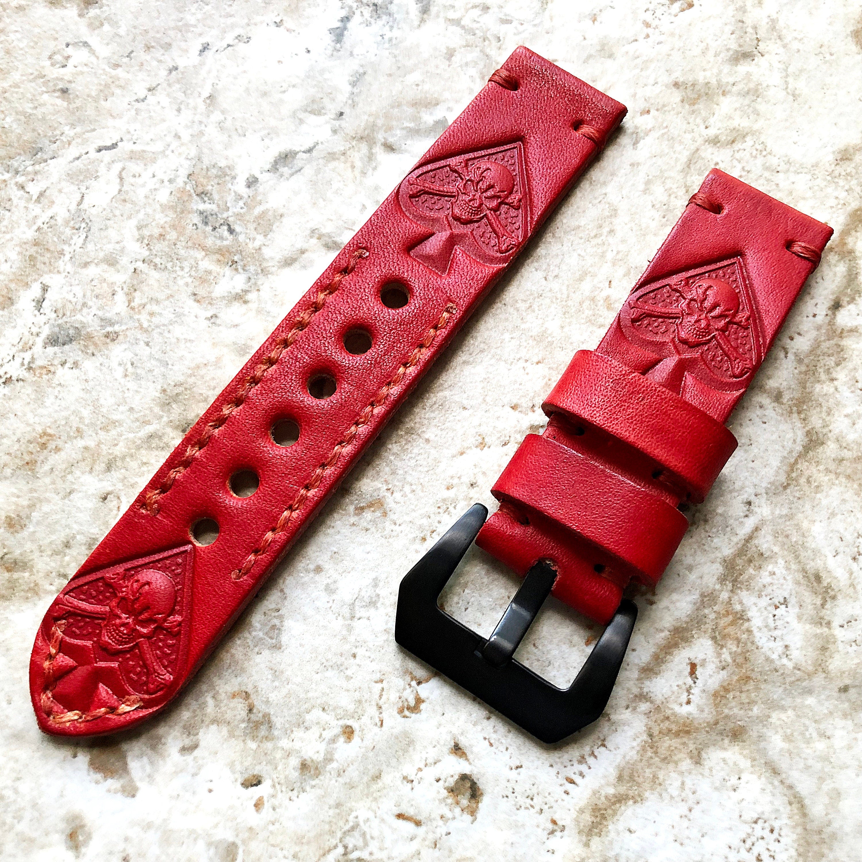 Ace of Spades Band 22mm 24mm 25mm Embossed Genuine Leather Compatible with Apple Watch Fitbit Versa 2 3 4 Sense 2 Ionic Handmade Strap